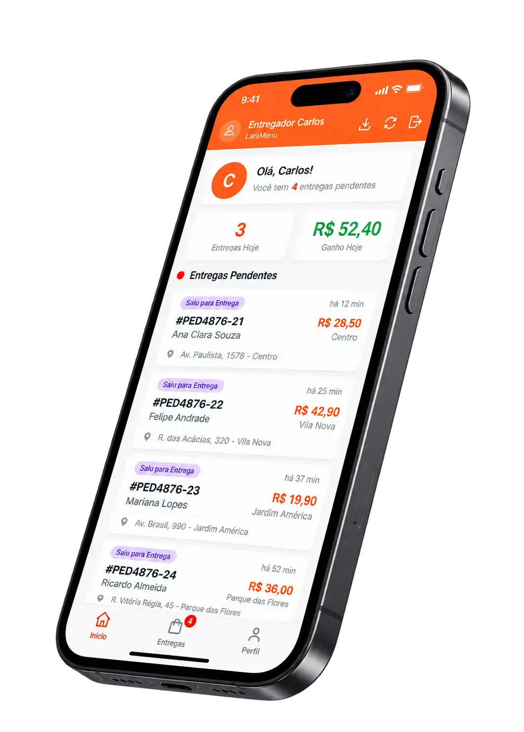 App do entregador no celular: entregas do dia e detalhe do pedido