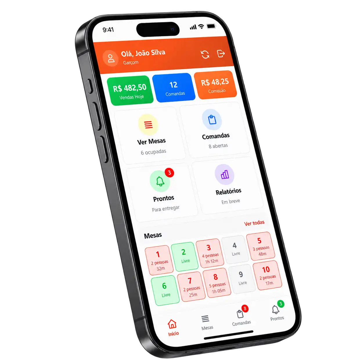 App do garçom no celular: mesas e comanda da mesa