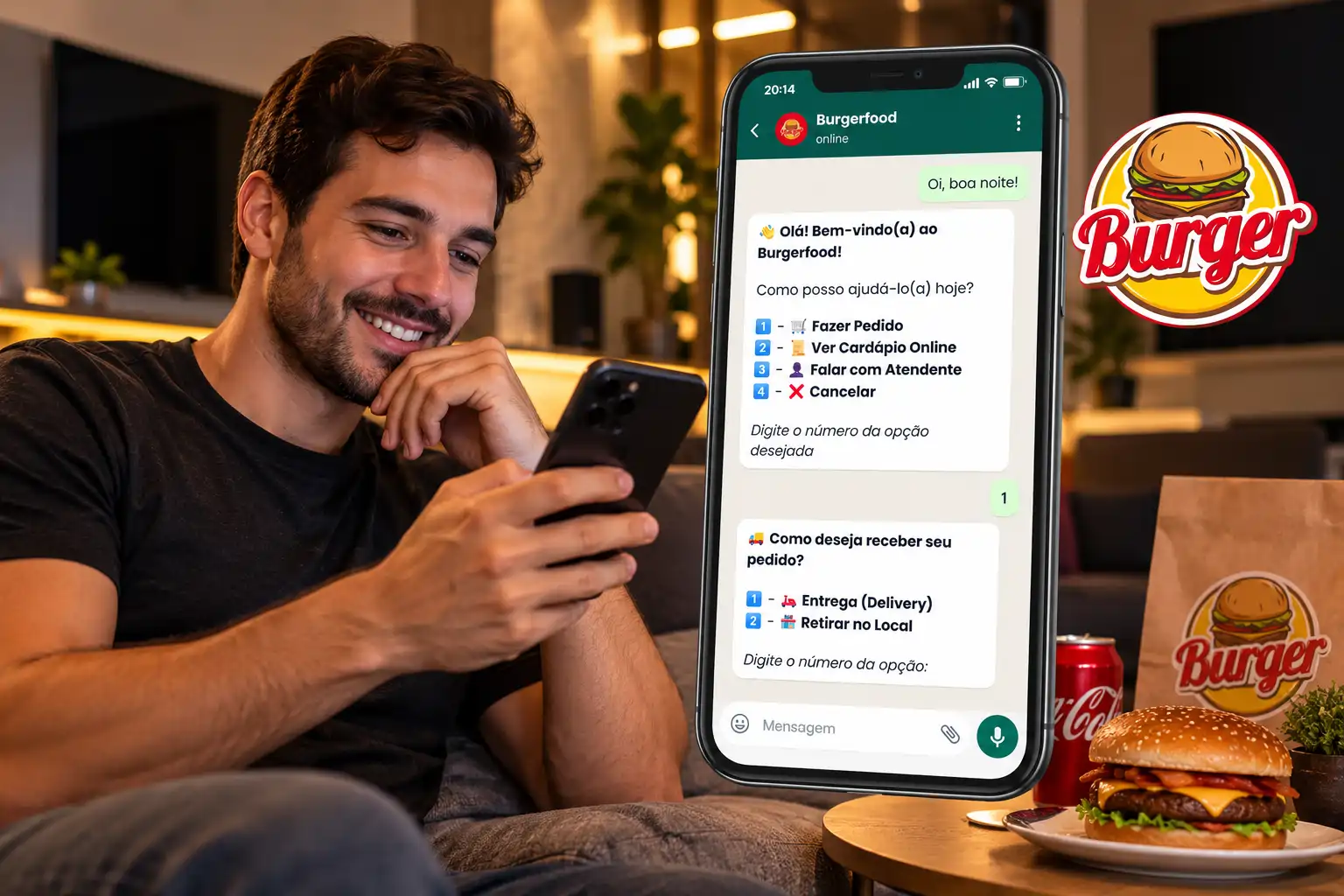 Cliente fazendo pedido pelo WhatsApp da Burgerfood: o bot mostra o menu e pergunta se é entrega ou retirada