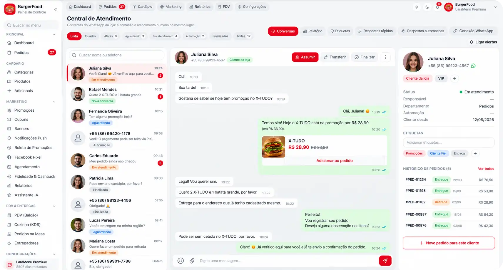 Central de Atendimento no painel da BurgerFood: lista de conversas do WhatsApp, chat com a cliente e histórico de pedidos ao lado