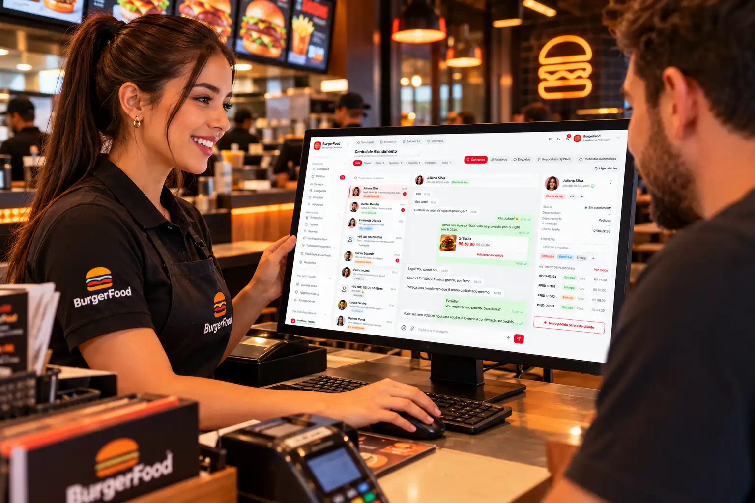Atendente da BurgerFood no balcão usando a Central de Atendimento do WhatsApp no computador, com a conversa da cliente e o histórico de pedidos