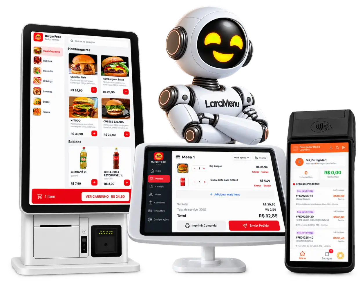 Cardápio de autoatendimento da BurgerFood em tela vertical, pedido da Mesa 1 em tablet e app do entregador com entregas pendentes