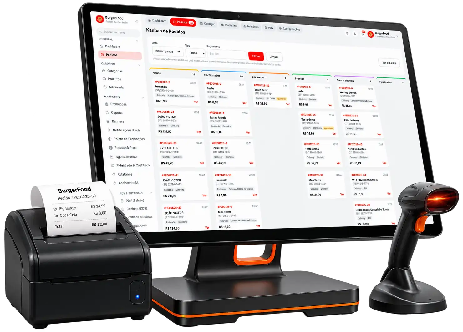 Painel do estabelecimento com o Kanban de pedidos e o menu de marketing (promoções, cupons, roleta, fidelidade e cashback), com comanda impressa ao lado