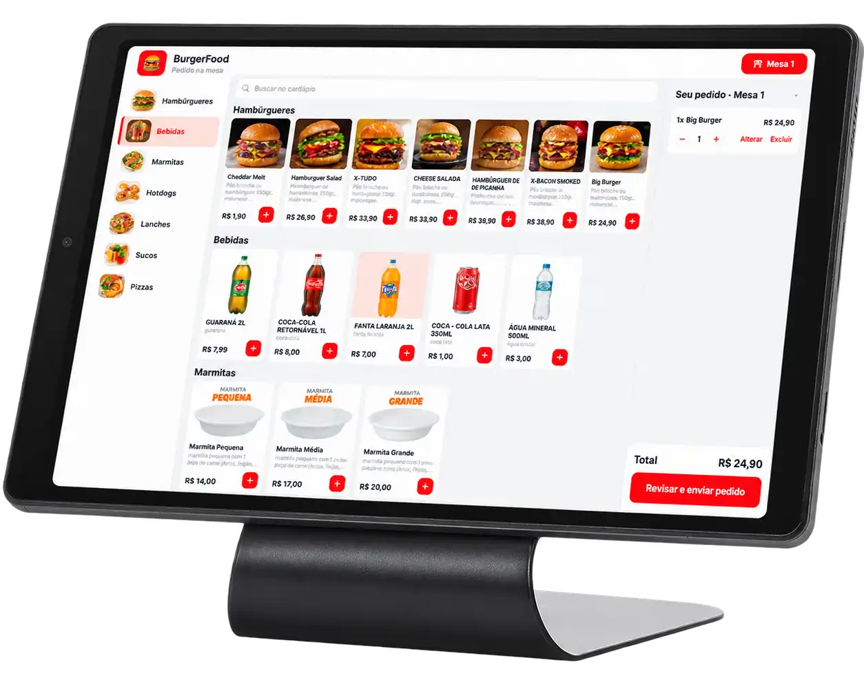Tablet com o cardápio de pedido na mesa da BurgerFood: categorias, produtos e o pedido da Mesa 1